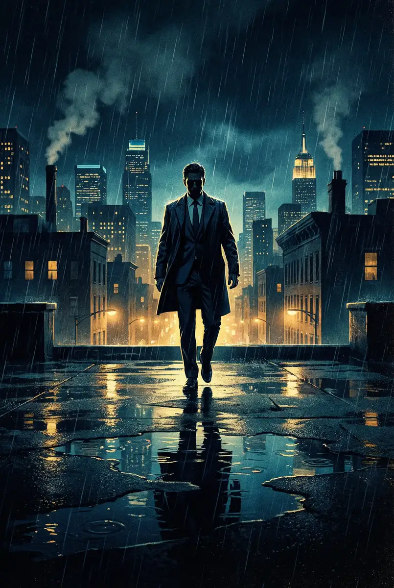 造梦西游3礼包 出品影片《雨夜独行者》海报，雨中城市屋顶男性剪影